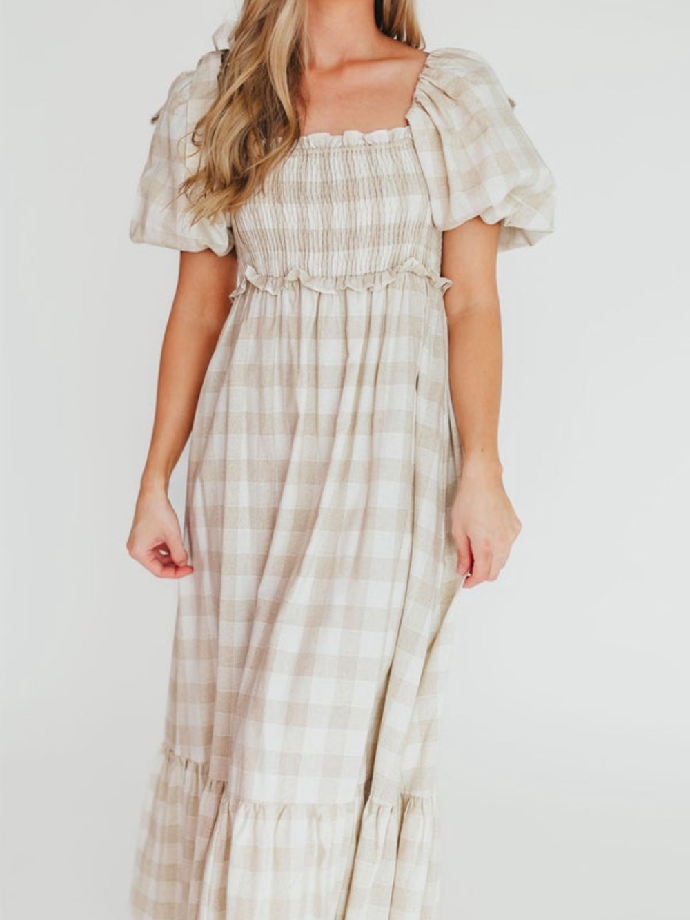 Neutral Beige Gingham Smocked Maxi Dress